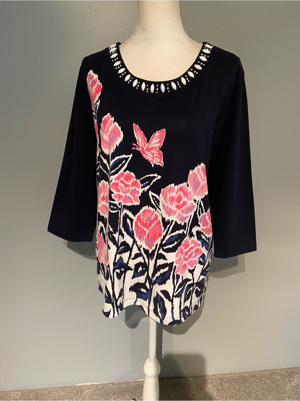 Alfred Dunner Navy Tunic with Pink Floral & Butterfly Motif